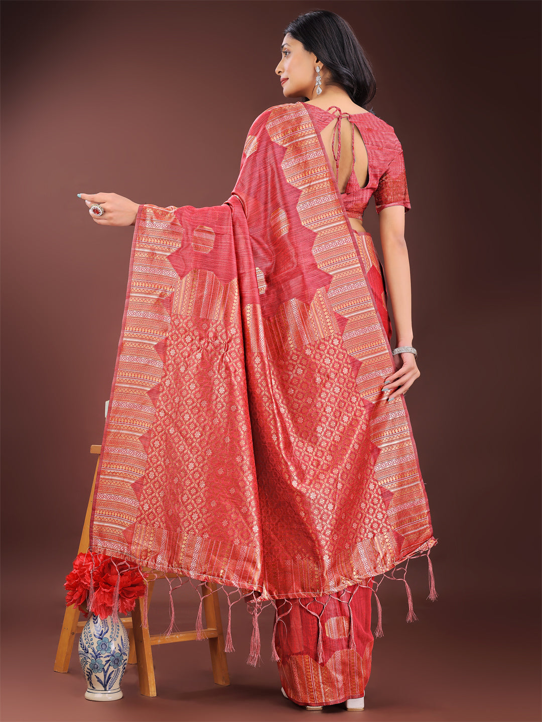 Astita Red Linen Cotton Saree with Woven Geometric Zari Motifs - Elegant Festive Wear for Women - Distacart