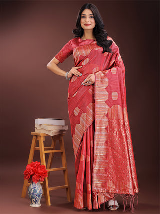 Astita Red Linen Cotton Saree with Woven Geometric Zari Motifs - Elegant Festive Wear for Women - Distacart