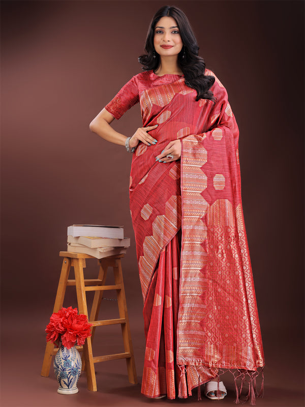 Astita Red Linen Cotton Saree with Woven Geometric Zari Motifs - Elegant Festive Wear for Women - Distacart