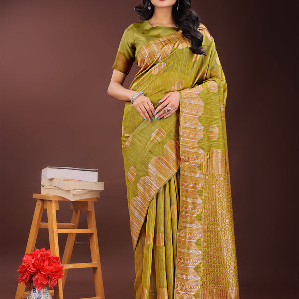 Astita Mustard Linen Cotton Saree with Woven Geometric Zari Motifs - Elegant Festive Wear for Women - Distacart