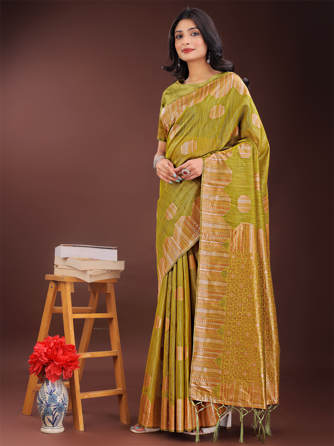 Astita Mustard Linen Cotton Saree with Woven Geometric Zari Motifs - Elegant Festive Wear for Women - Distacart