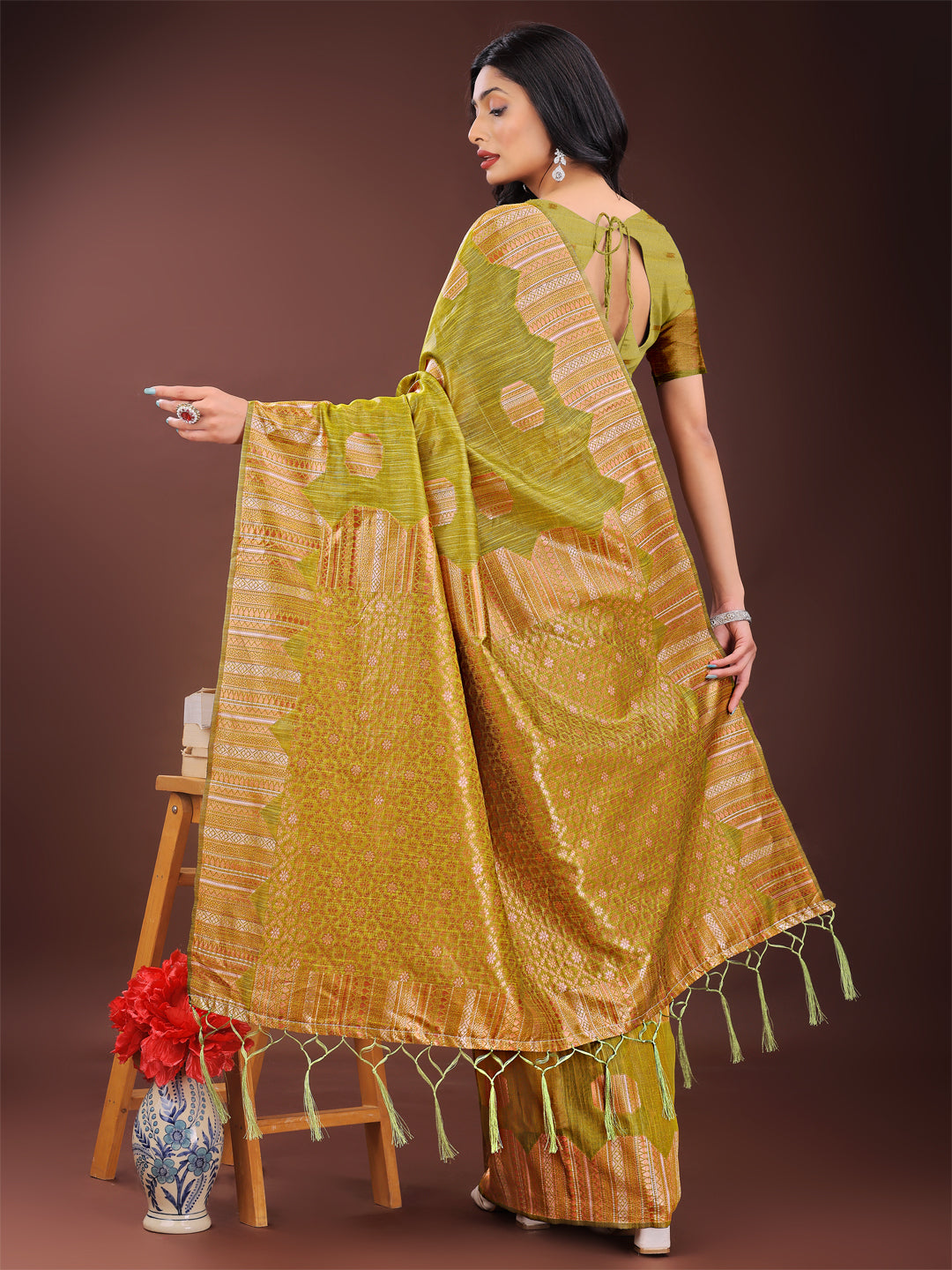 Astita Mustard Linen Cotton Saree with Woven Geometric Zari Motifs - Elegant Festive Wear for Women