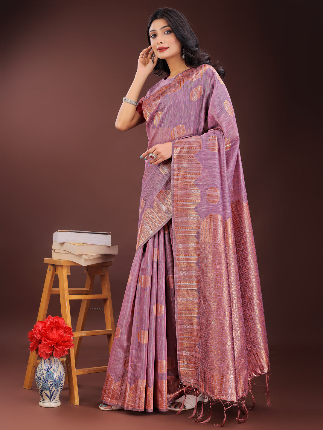 Astita Purple Linen Cotton Saree with Woven Geometric Zari Motifs - Elegant Festive Wear for Women - Distacart