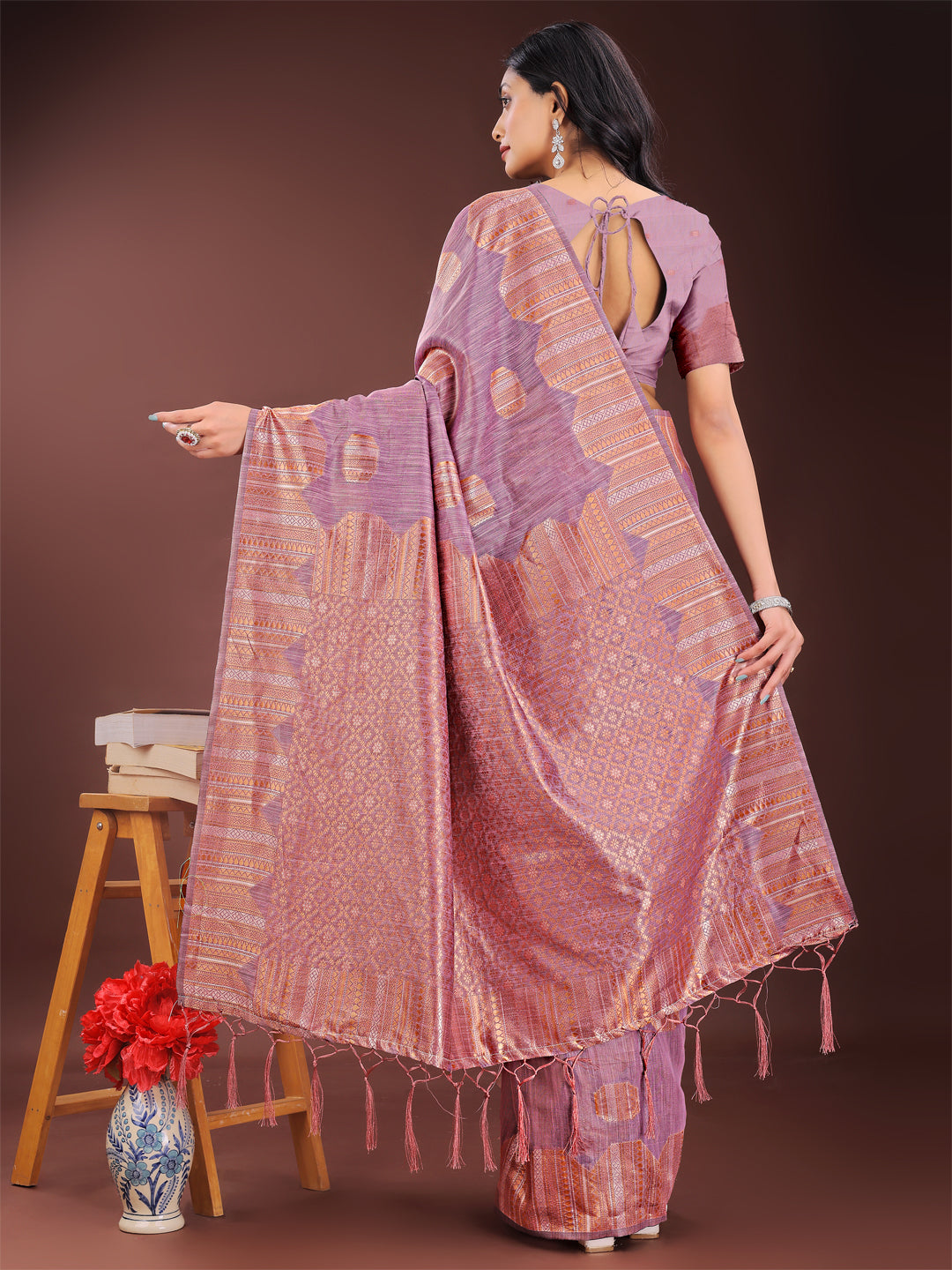 Astita Purple Linen Cotton Saree with Woven Geometric Zari Motifs - Elegant Festive Wear for Women - Distacart
