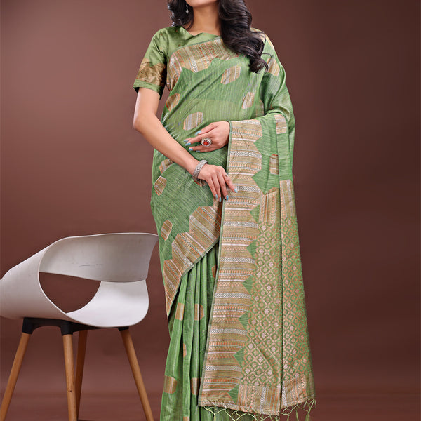 Astita Light Green Linen Cotton Saree with Woven Geometric Zari Motifs - Elegant Festive Wear for Women - Distacart