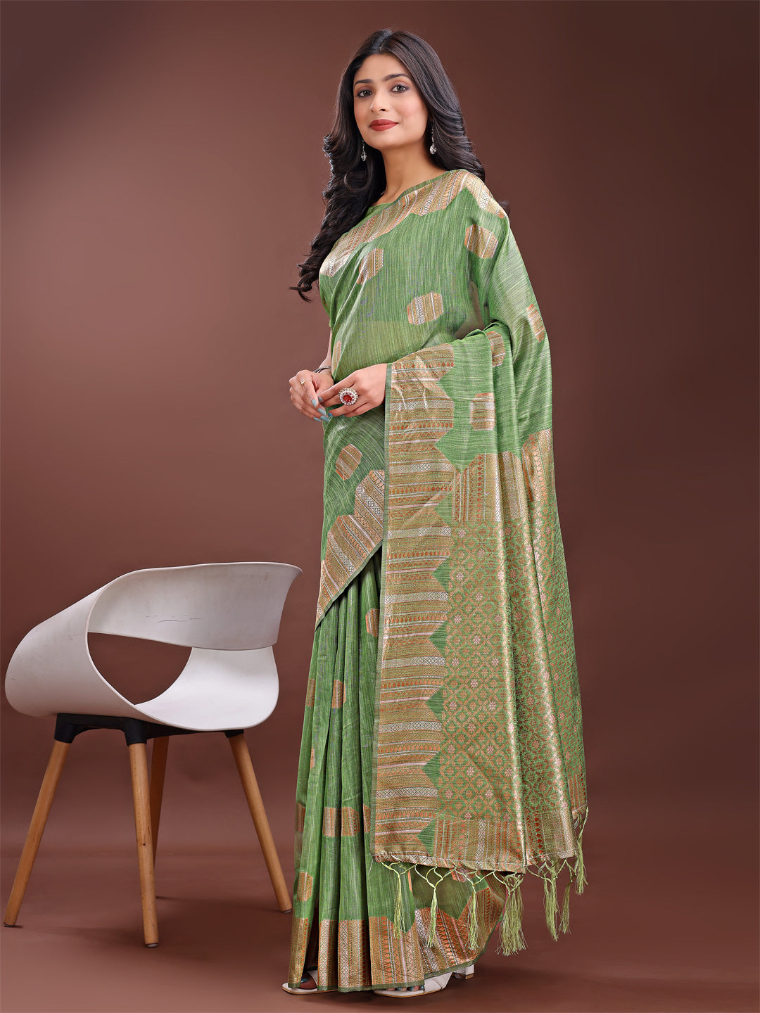 Astita Light Green Linen Cotton Saree with Woven Geometric Zari Motifs - Elegant Festive Wear for Women - Distacart