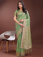 Thumbnail for Astita Light Green Linen Cotton Saree with Woven Geometric Zari Motifs - Elegant Festive Wear for Women - Distacart