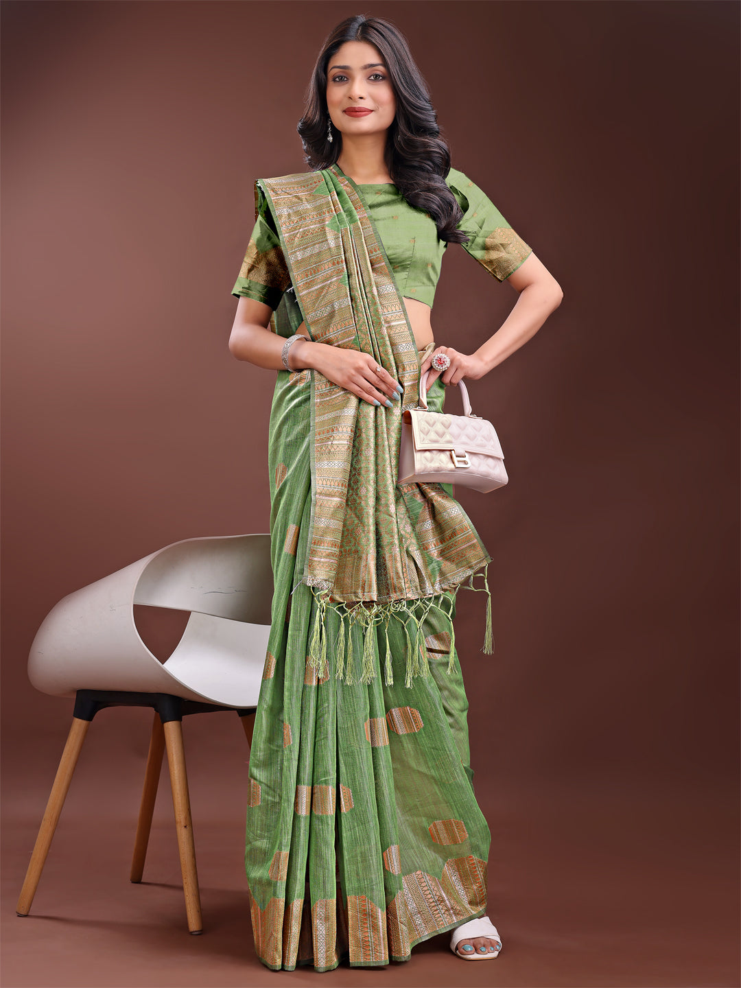 Astita Light Green Linen Cotton Saree with Woven Geometric Zari Motifs - Elegant Festive Wear for Women - Distacart