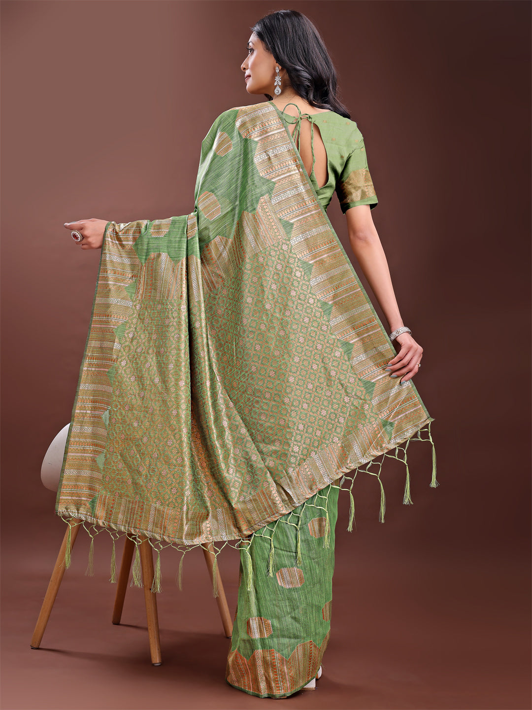 Astita Light Green Linen Cotton Saree with Woven Geometric Zari Motifs - Elegant Festive Wear for Women - Distacart