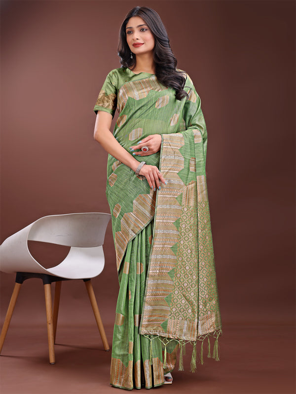 Astita Light Green Linen Cotton Saree with Woven Geometric Zari Motifs - Elegant Festive Wear for Women - Distacart