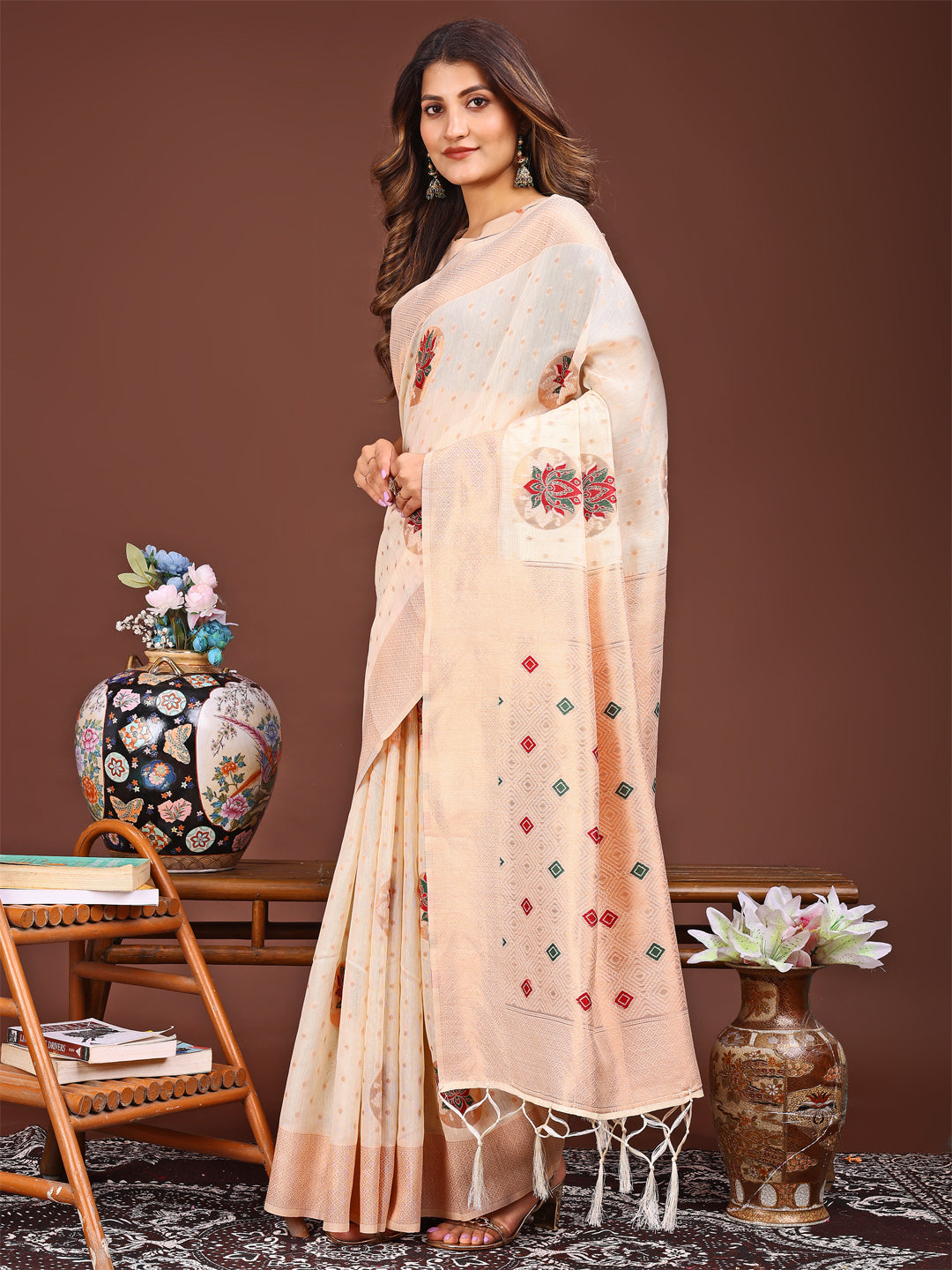 Astita Elegant Cream Woven Work Saree - A Whiff of Tradition Wrapped in Grace - Distacart