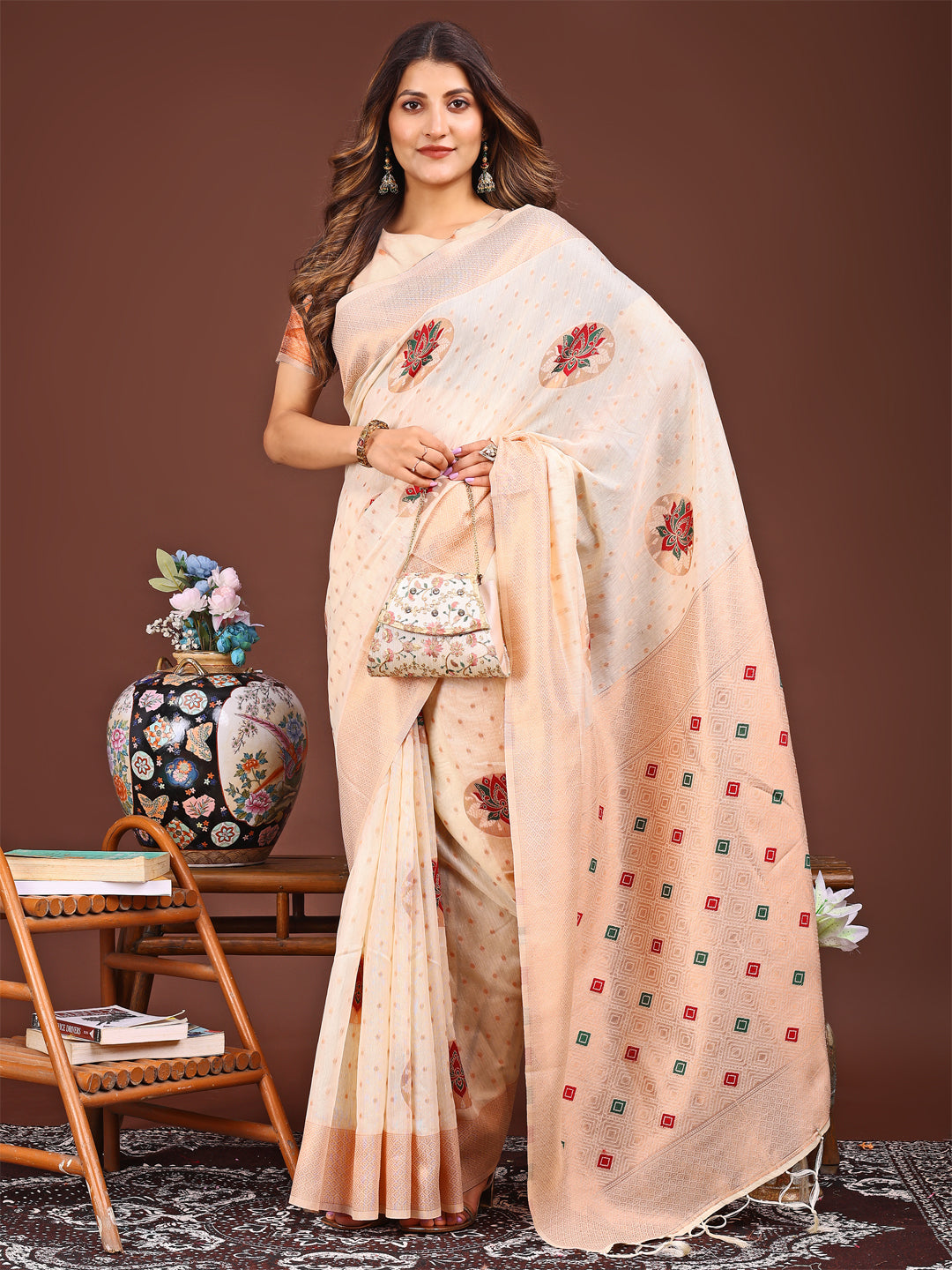 Astita Elegant Cream Woven Work Saree - A Whiff of Tradition Wrapped in Grace - Distacart