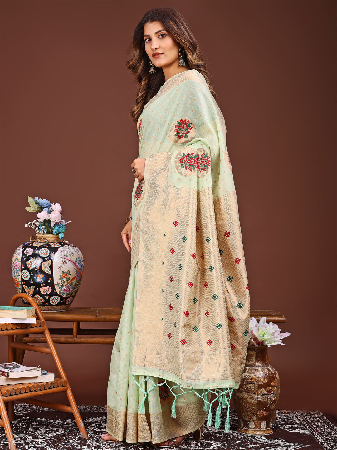 Astita Elegant Light Green Woven Work Saree - A Whiff of Tradition Wrapped in Grace - Distacart