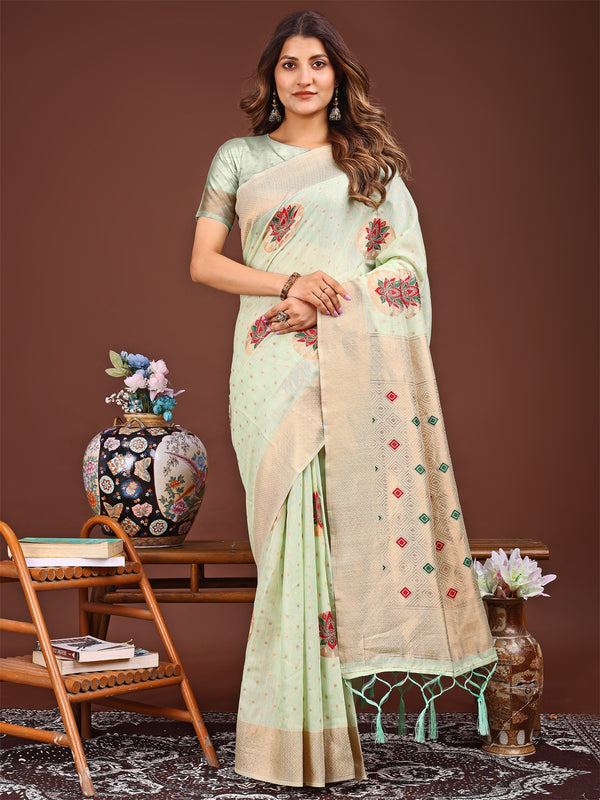Astita Elegant Light Green Woven Work Saree - A Whiff of Tradition Wrapped in Grace - Distacart