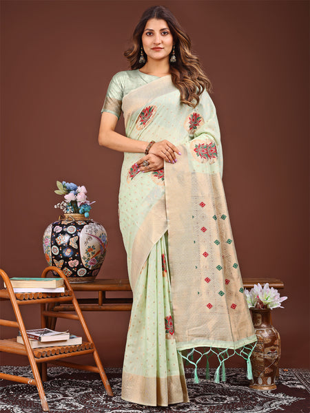 Astita Elegant Light Green Woven Work Saree - A Whiff of Tradition Wrapped in Grace - Distacart