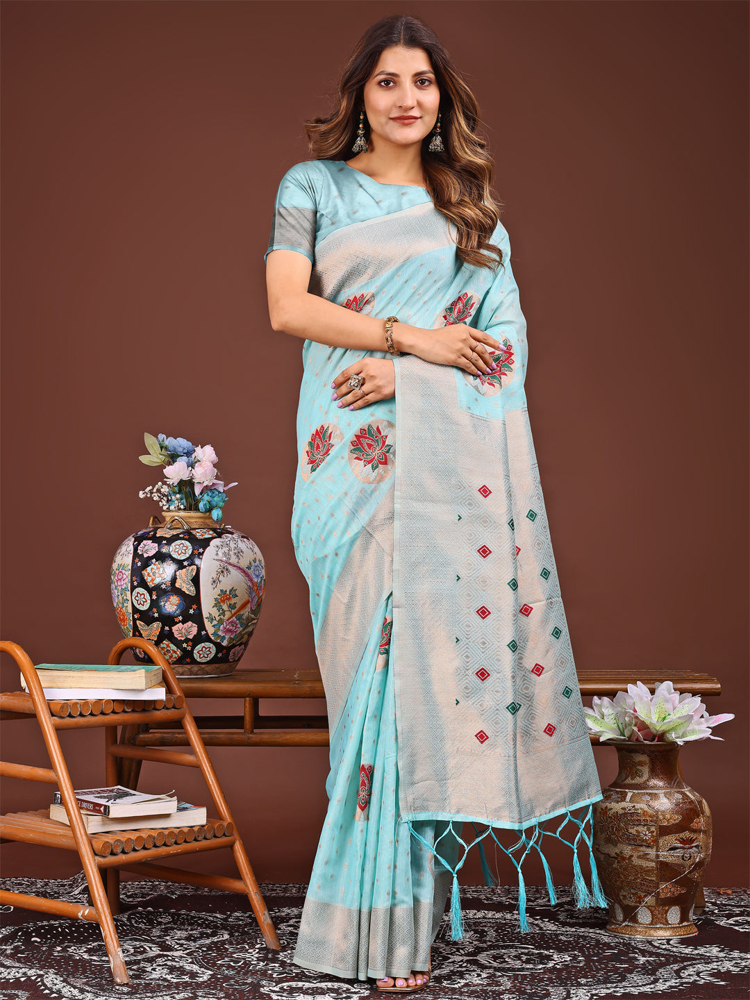 Astita Elegant Sky Blue Woven Work Saree - A Whiff of Tradition Wrapped in Grace - Distacart
