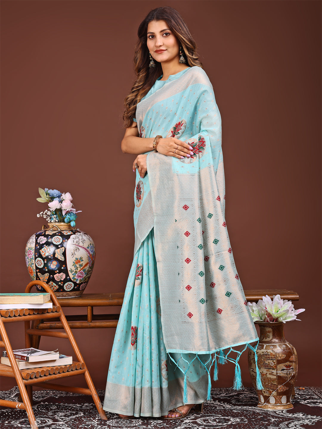 Astita Elegant Sky Blue Woven Work Saree - A Whiff of Tradition Wrapped in Grace - Distacart