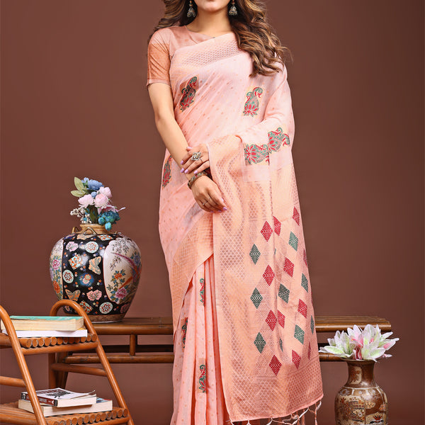 Astita Peach Jacquard Saree with Tassels - Radiate Soft Elegance and Timeless Beauty - Distacart