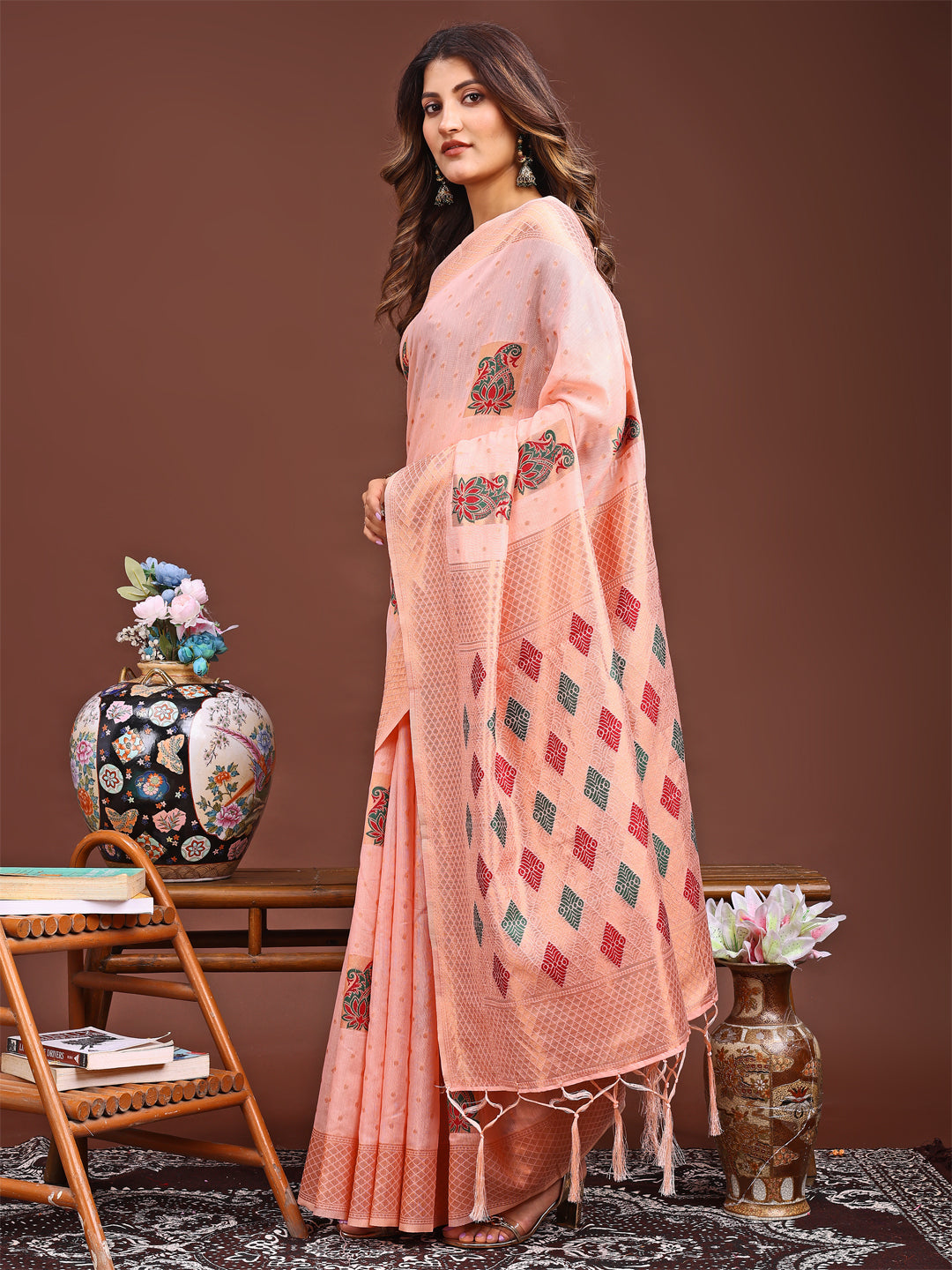 Astita Peach Jacquard Saree with Tassels - Radiate Soft Elegance and Timeless Beauty - Distacart