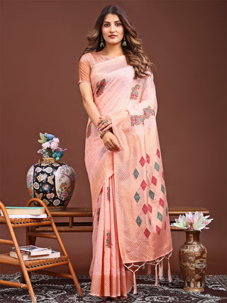 Astita Peach Jacquard Saree with Tassels - Radiate Soft Elegance and Timeless Beauty - Distacart