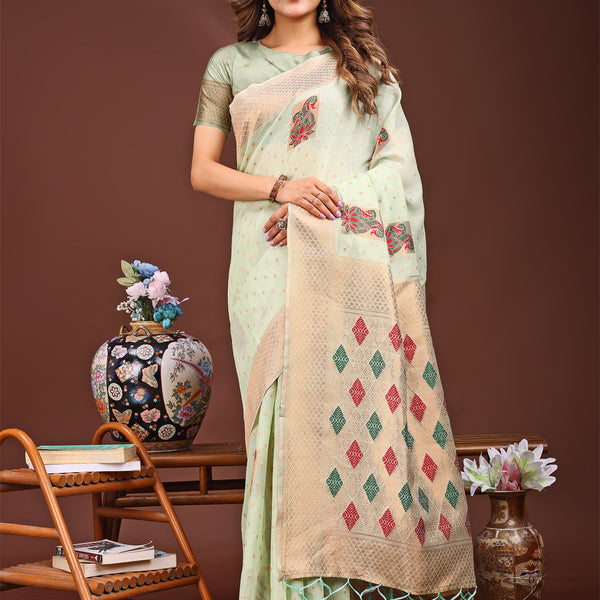 Astita Light Green Jacquard Saree with Tassels - Radiate Soft Elegance and Timeless Beauty - Distacart