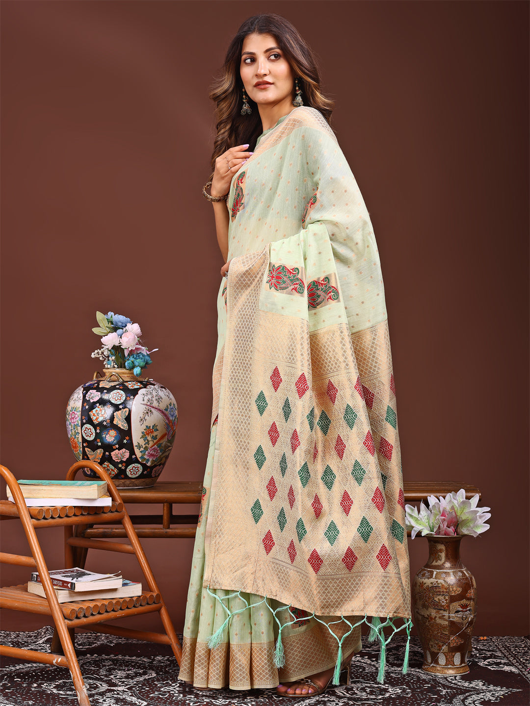 Astita Light Green Jacquard Saree with Tassels - Radiate Soft Elegance and Timeless Beauty - Distacart