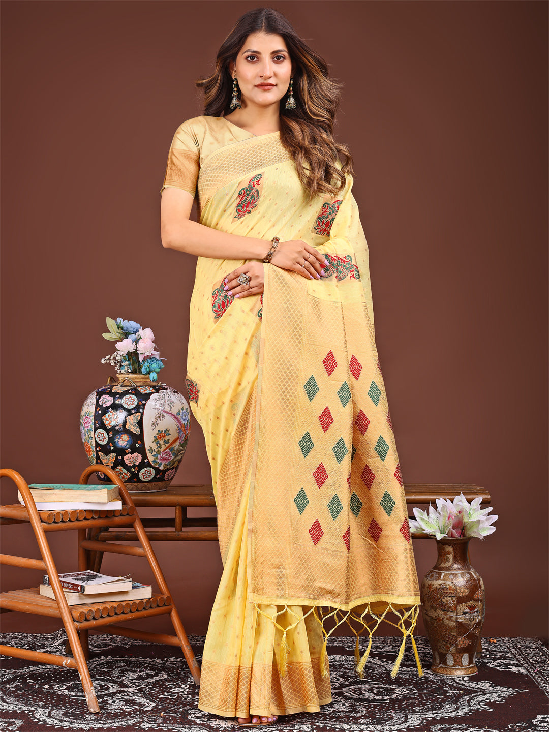 Astita Yellow Jacquard Saree with Tassels - Radiate Soft Elegance and Timeless Beauty - Distacart