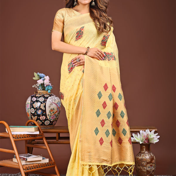 Astita Yellow Jacquard Saree with Tassels - Radiate Soft Elegance and Timeless Beauty - Distacart