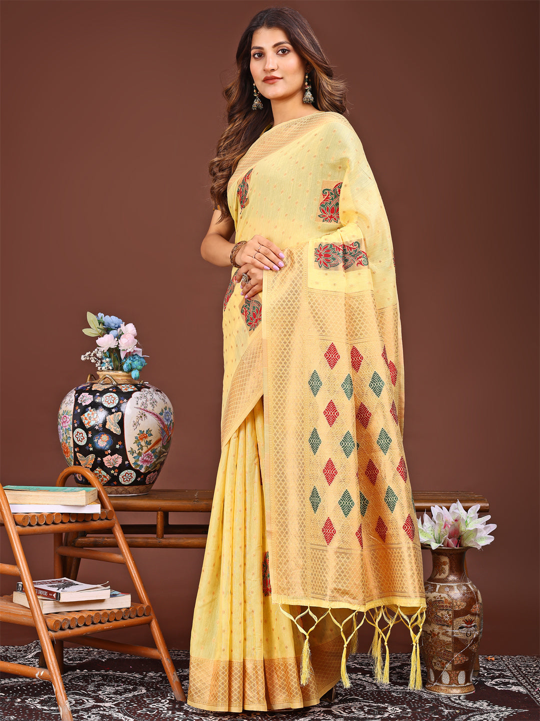Astita Yellow Jacquard Saree with Tassels - Radiate Soft Elegance and Timeless Beauty - Distacart