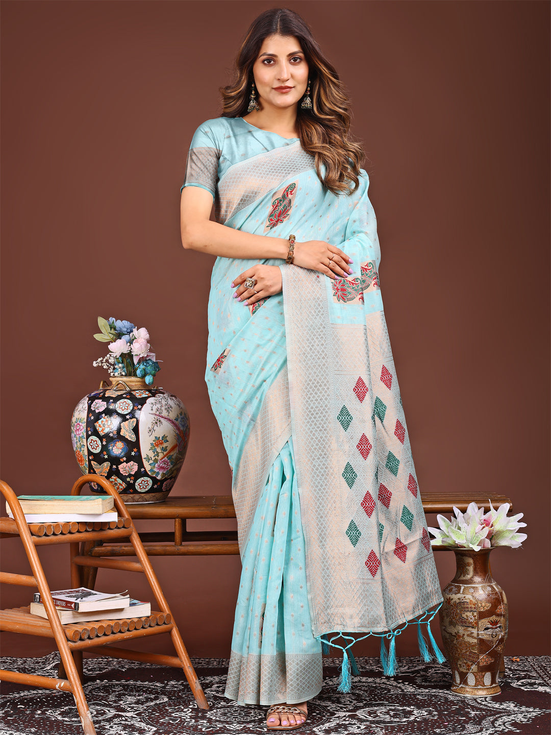 Astita Sky Blue Jacquard Saree with Tassels - Radiate Soft Elegance and Timeless Beauty - Distacart