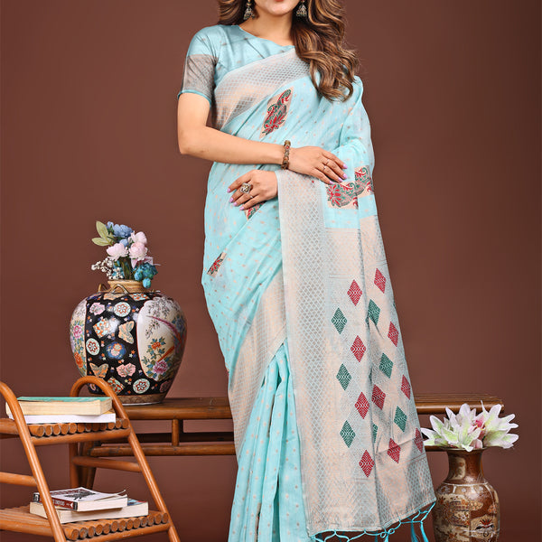 Astita Sky Blue Jacquard Saree with Tassels - Radiate Soft Elegance and Timeless Beauty - Distacart