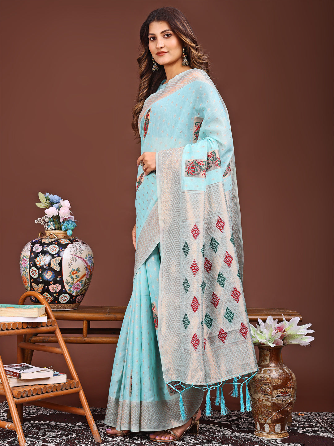 Astita Sky Blue Jacquard Saree with Tassels - Radiate Soft Elegance and Timeless Beauty - Distacart