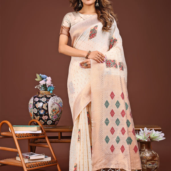 Astita White Jacquard Saree with Tassels - Radiate Soft Elegance and Timeless Beauty - Distacart