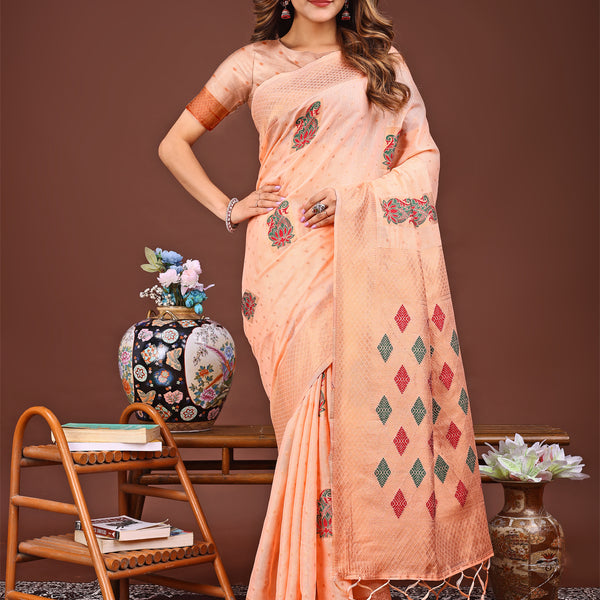 Astita Orange Jacquard Saree with Tassels - Radiate Soft Elegance and Timeless Beauty - Distacart