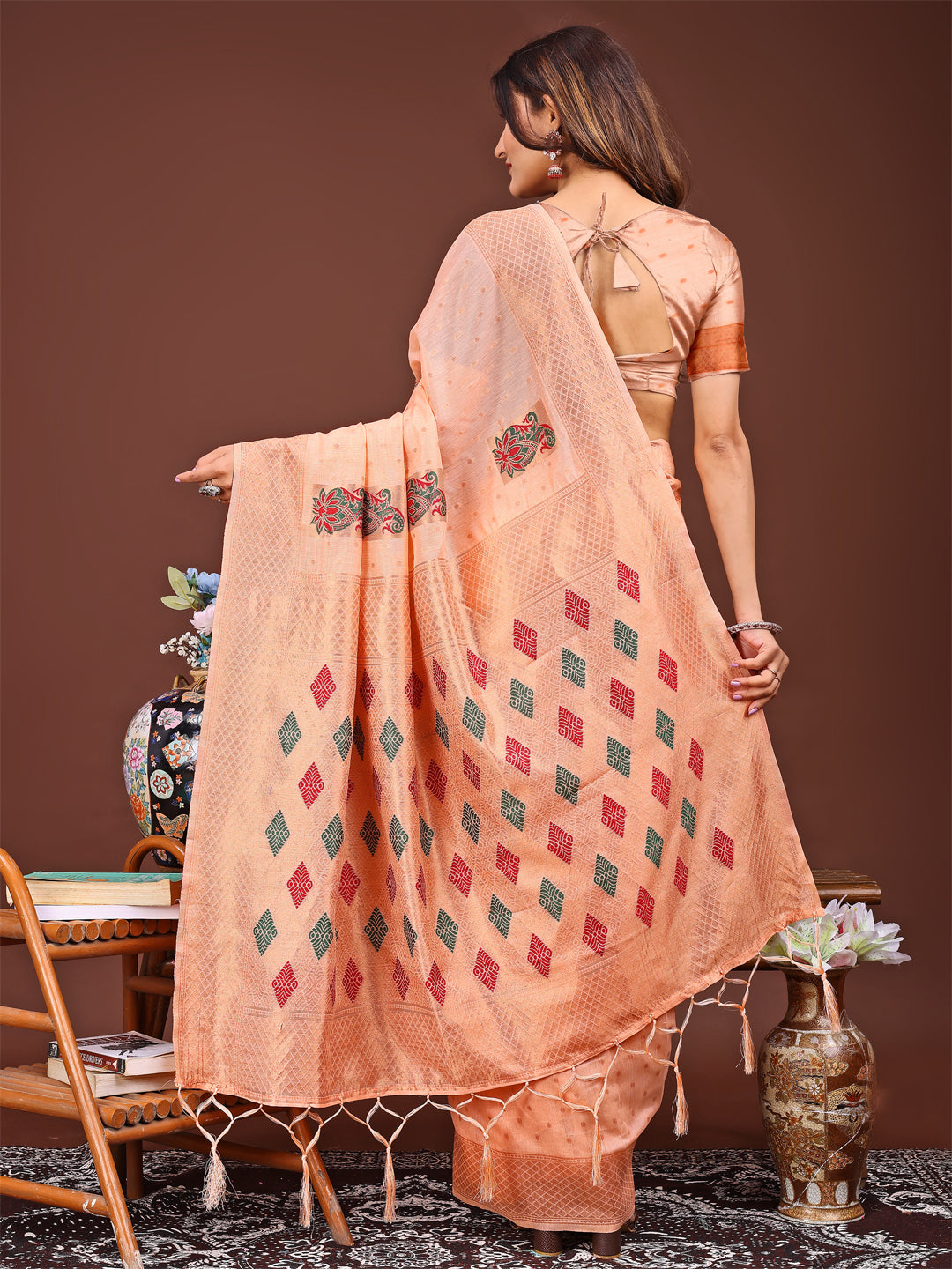 Astita Orange Jacquard Saree with Tassels - Radiate Soft Elegance and Timeless Beauty - Distacart