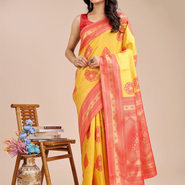 Astita Yellow & Red Banarasi silk Woven Zari Work Traditional Tassel Saree - Distacart