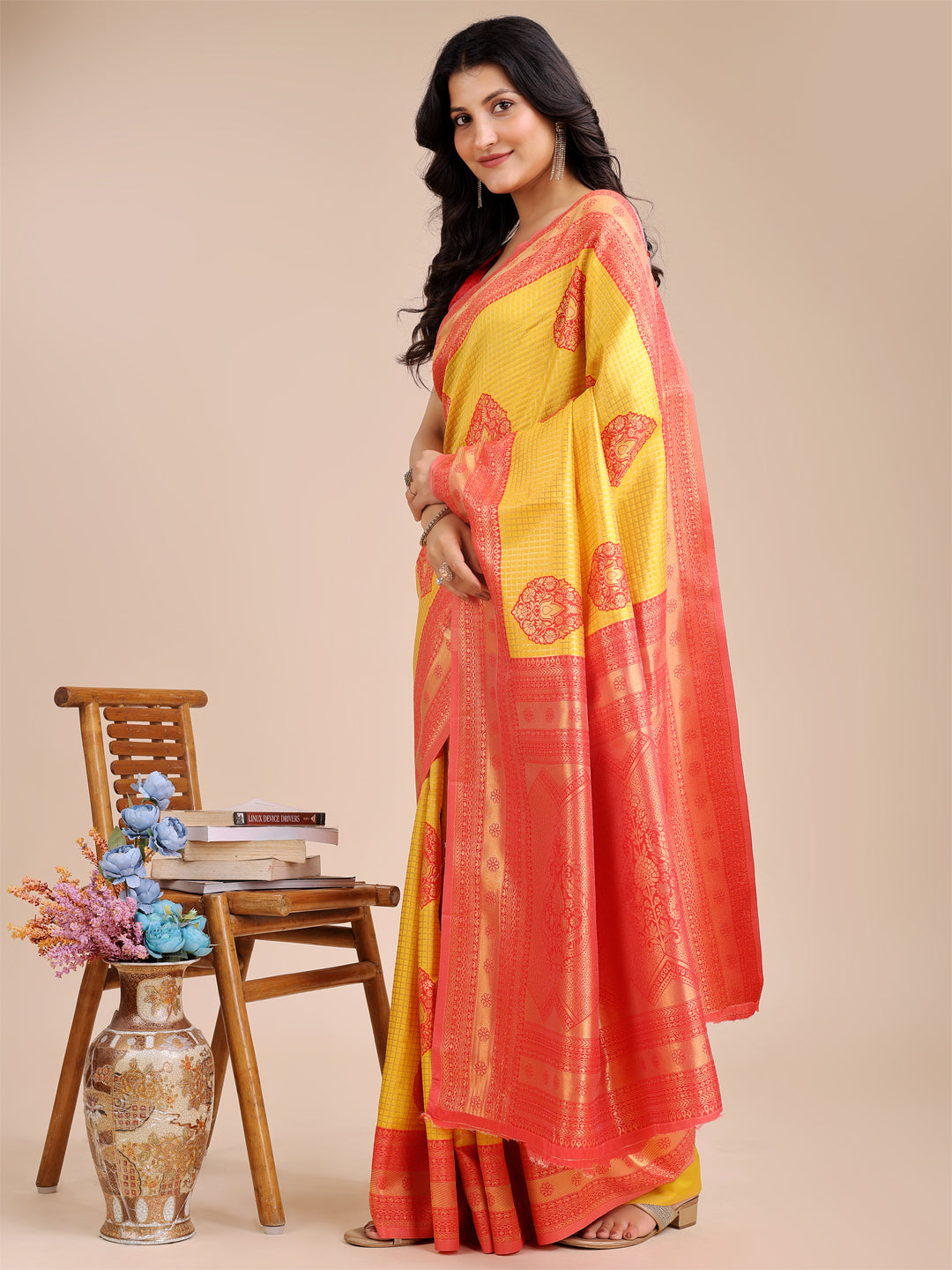 Astita Yellow & Red Banarasi silk Woven Zari Work Traditional Tassel Saree - Distacart