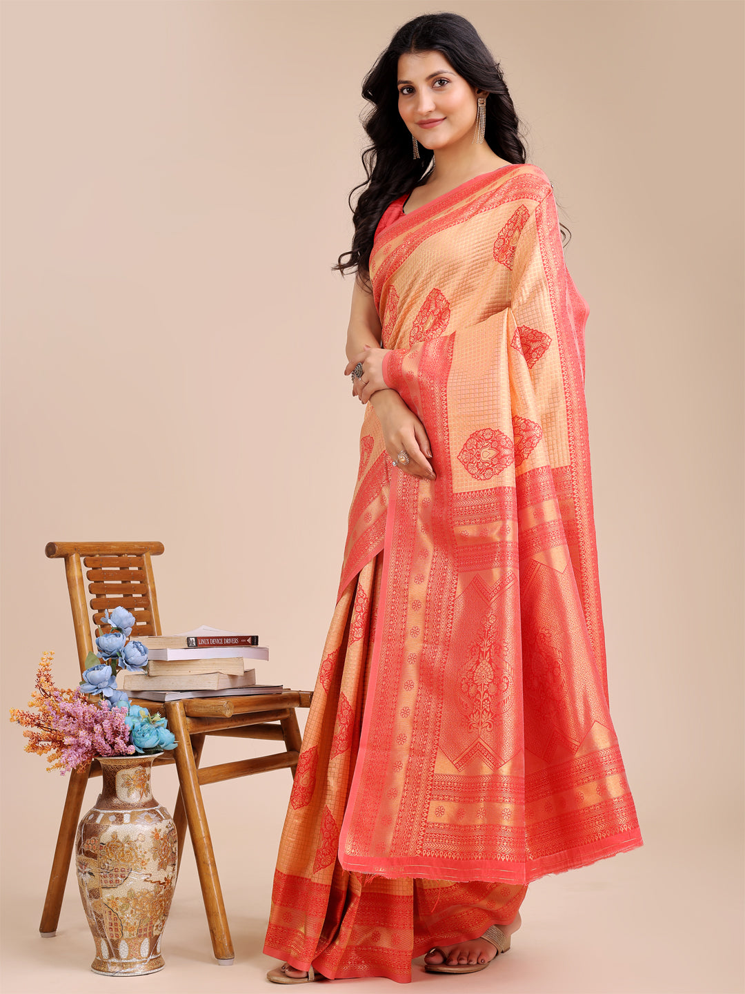 Astita Orange & Red Banarasi silk Woven Zari Work Traditional Tassel Saree - Distacart
