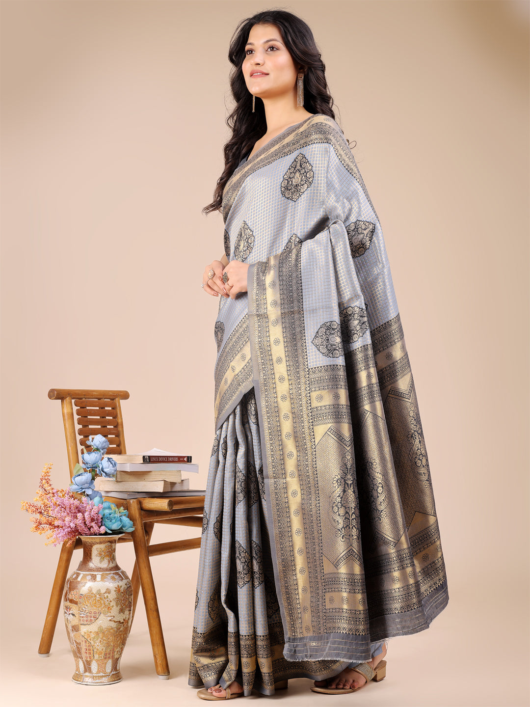 Astita Grey Banarasi silk Woven Zari Work Traditional Tassel Saree - Distacart