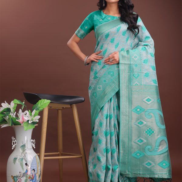 Astita Stylish Green Linen Cotton Saree with Woven Design - Lightweight Elegance for Everyday Grace - Distacart
