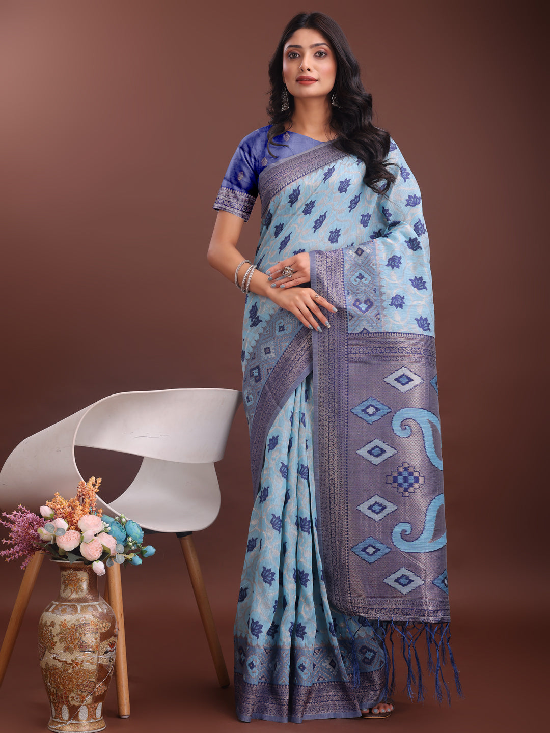 Astita Stylish Sky Blue Linen Cotton Saree with Woven Design - Lightweight Elegance for Everyday Grace - Distacart