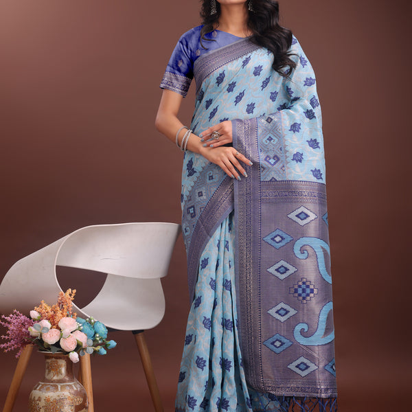 Astita Stylish Sky Blue Linen Cotton Saree with Woven Design - Lightweight Elegance for Everyday Grace - Distacart