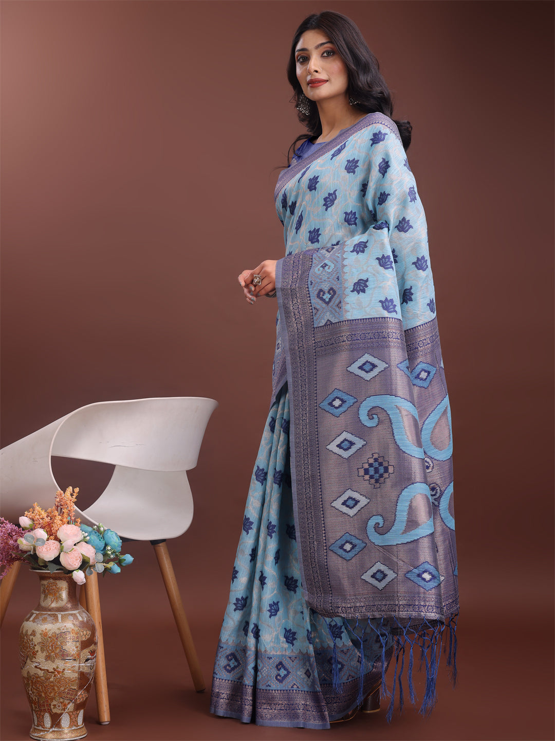 Astita Stylish Sky Blue Linen Cotton Saree with Woven Design - Lightweight Elegance for Everyday Grace - Distacart