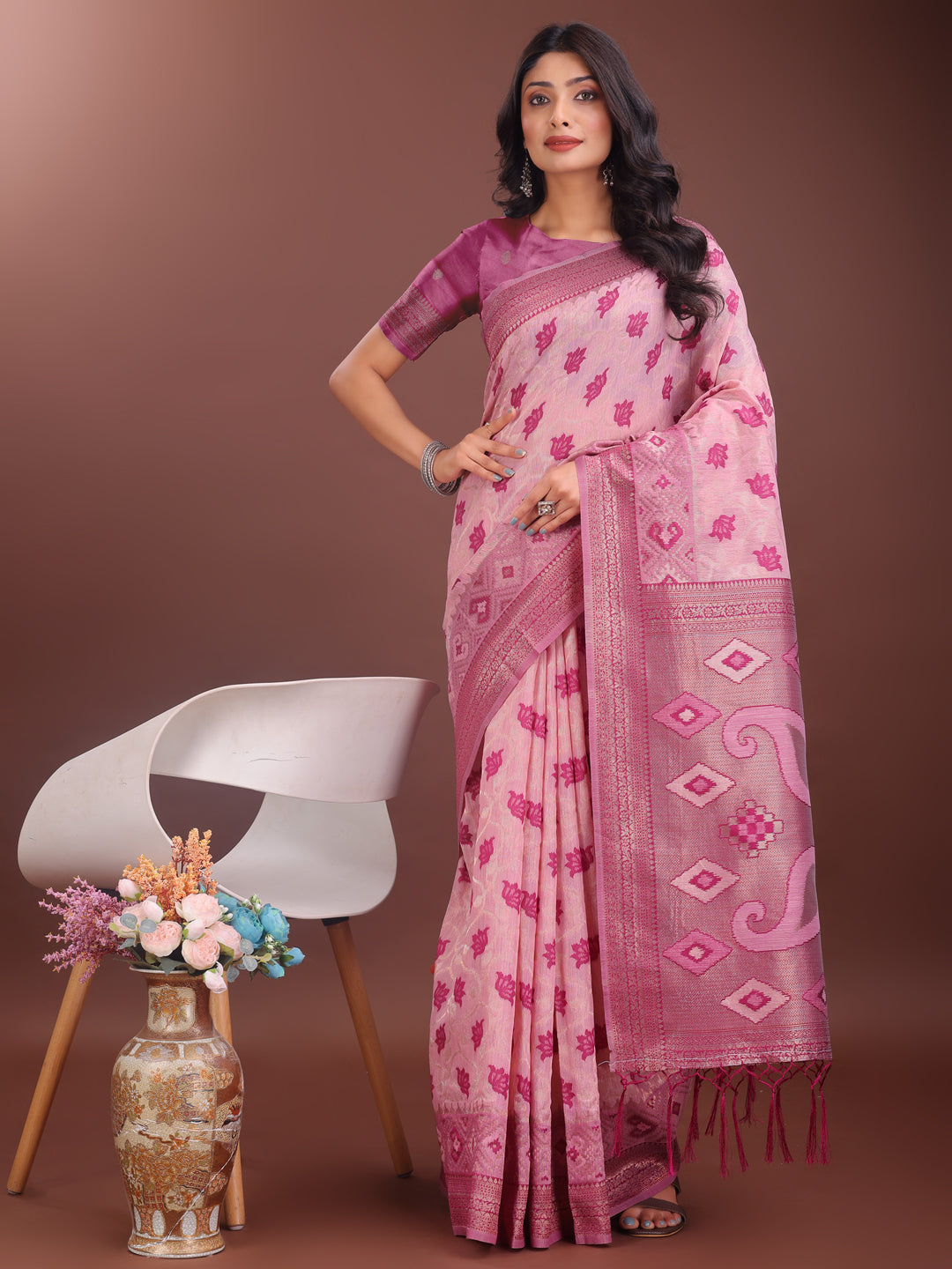 Astita Stylish Light Pink Linen Cotton Saree with Woven Design - Lightweight Elegance for Everyday Grace - Distacart