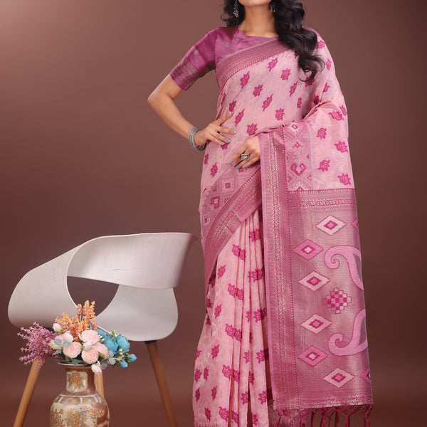 Astita Stylish Light Pink Linen Cotton Saree with Woven Design - Lightweight Elegance for Everyday Grace - Distacart