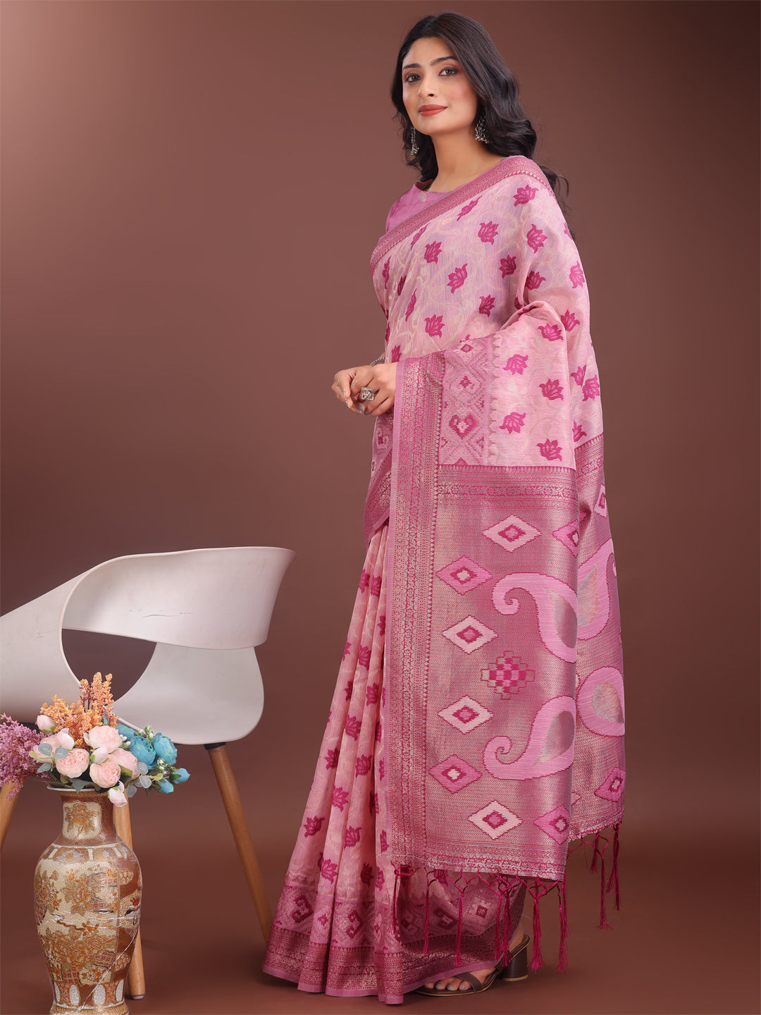 Astita Stylish Light Pink Linen Cotton Saree with Woven Design - Lightweight Elegance for Everyday Grace - Distacart