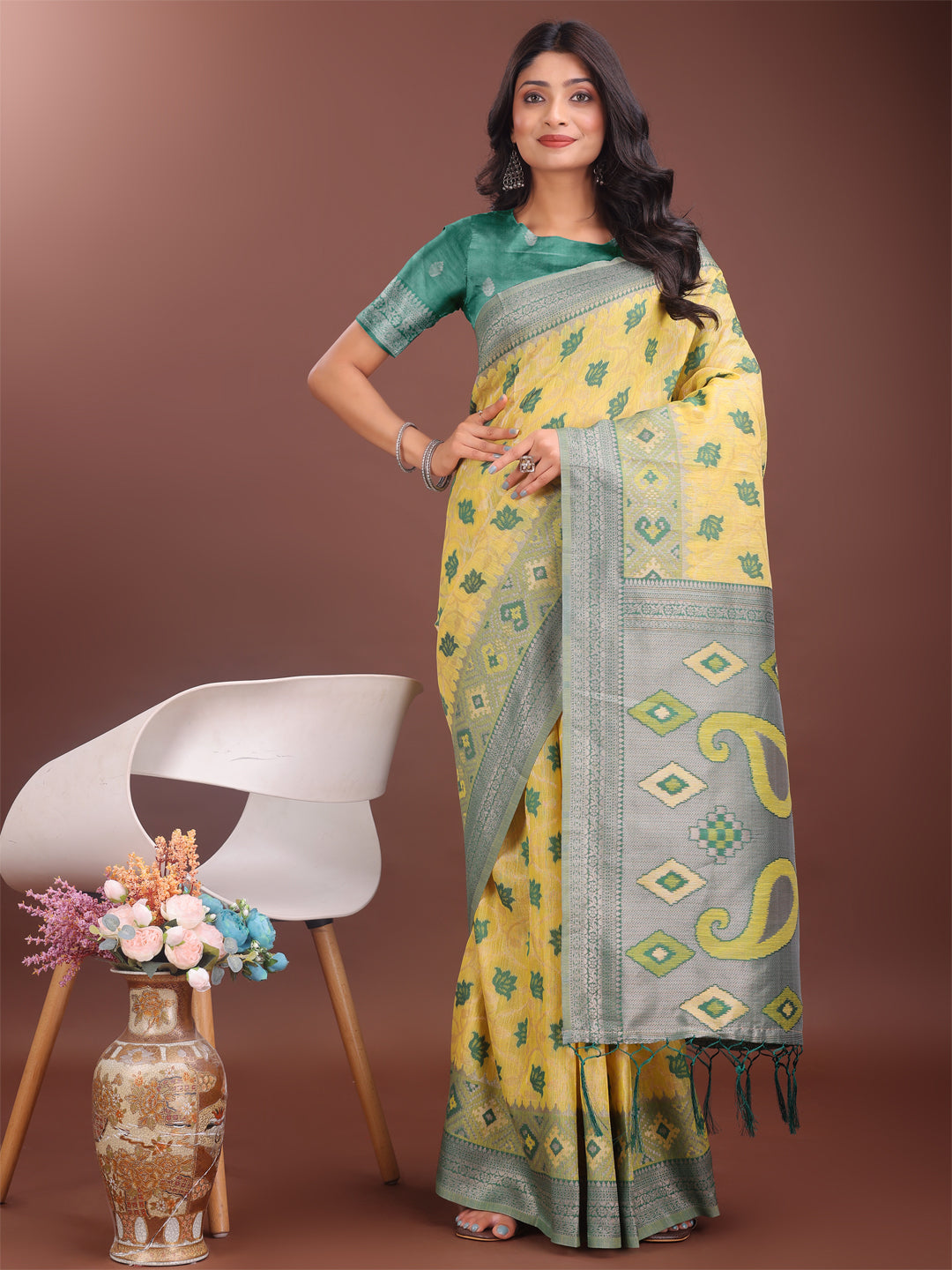 Astita Stylish Yellow Linen Cotton Saree with Woven Design - Lightweight Elegance for Everyday Grace - Distacart