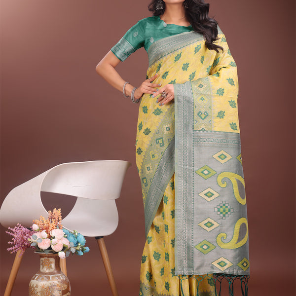 Astita Stylish Yellow Linen Cotton Saree with Woven Design - Lightweight Elegance for Everyday Grace - Distacart