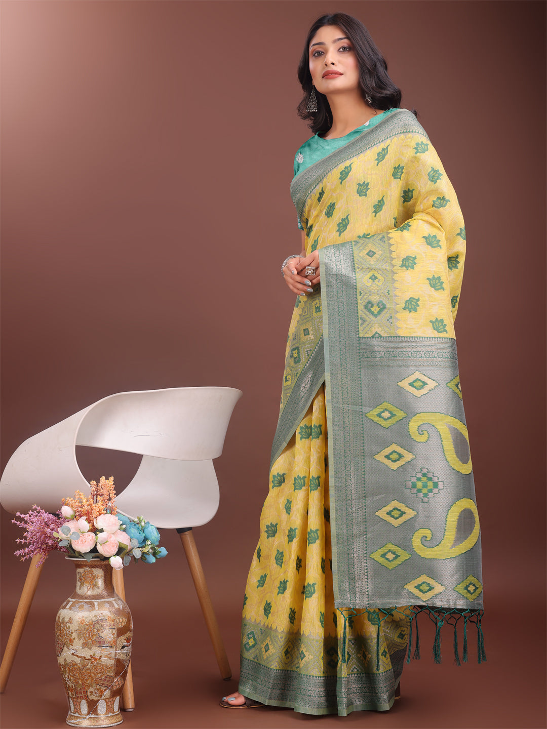 Astita Stylish Yellow Linen Cotton Saree with Woven Design - Lightweight Elegance for Everyday Grace - Distacart