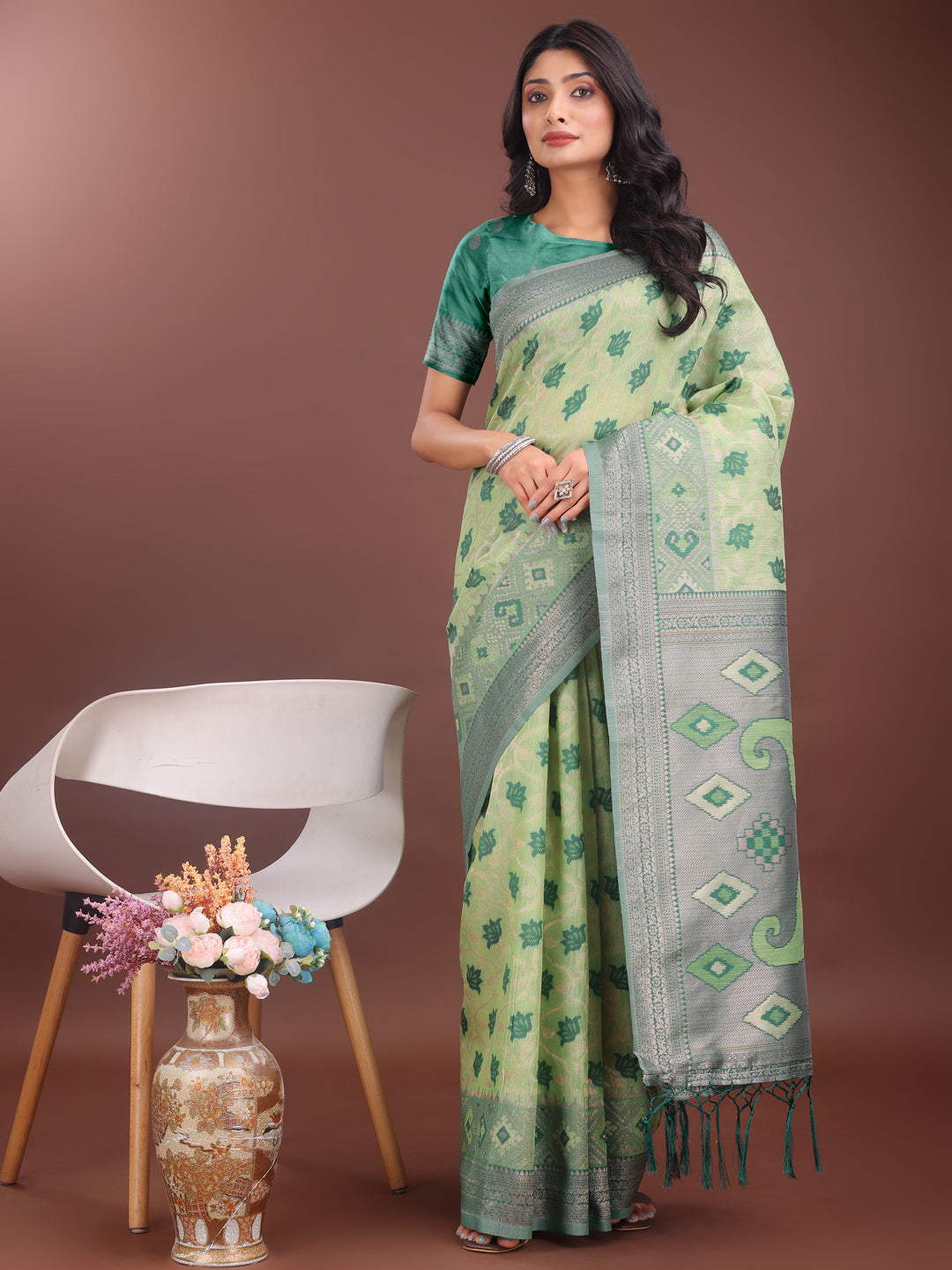 Astita Stylish Light Green Linen Cotton Saree with Woven Design - Lightweight Elegance for Everyday Grace - Distacart